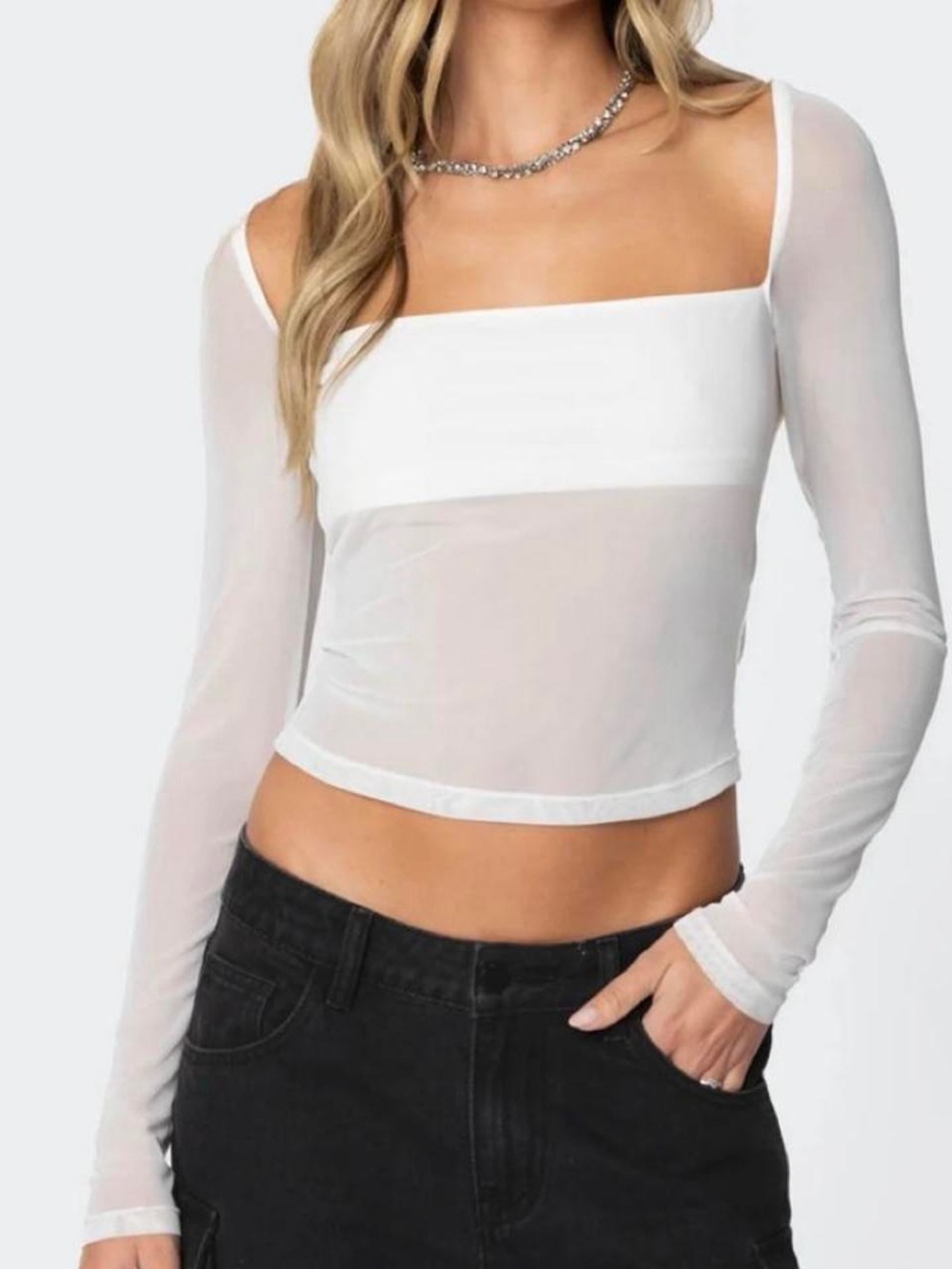 Edikted Marta White Sheer Long Sleeve Women's Top